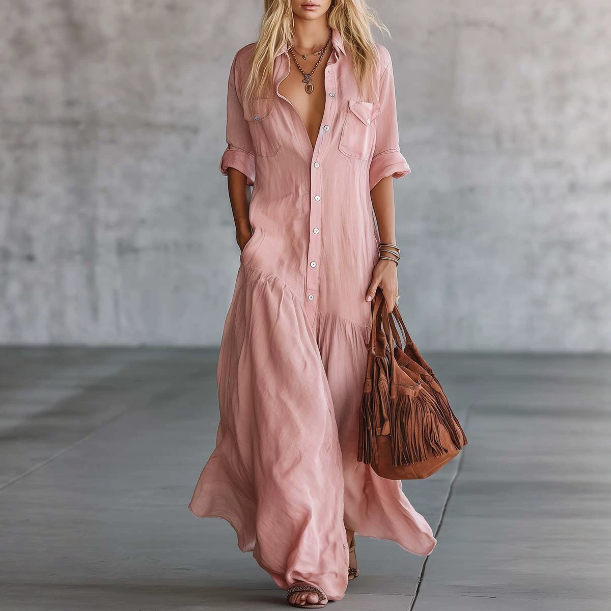 Casual Loose Linen Shirt Dress - 2026 Damen Sommer Baumwolle-Leinen Maxi-Hemdkleid Langarm