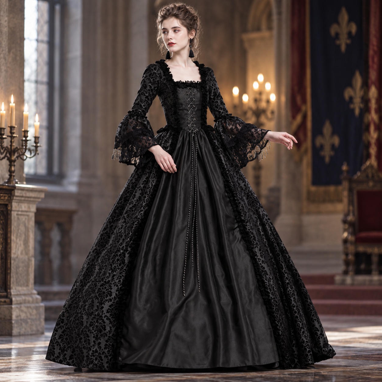 Dresses - Patchwork-Kleid mit ausgestellten Ärmeln, Maxilänge, literarisch-retro,