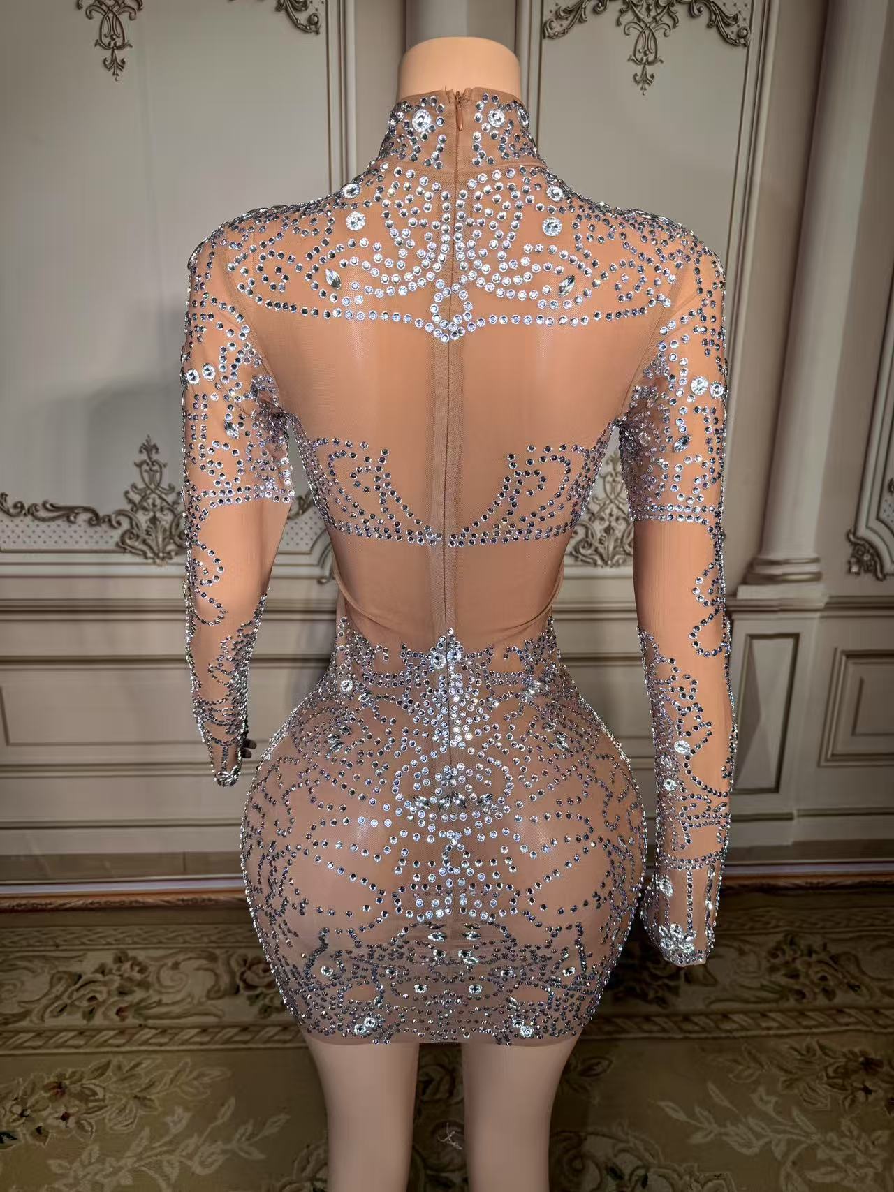 Sparkly Rhinestone Club Party Dress - ZD Glitzerndes Strass-Minikleid, sexy Netzmantel, Abendparty,