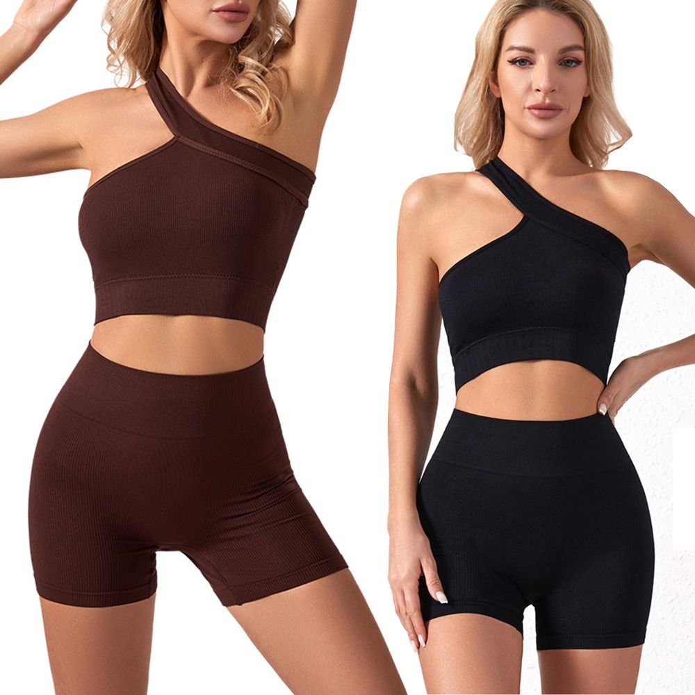 Seamless Ribbed Workout Tank Top - 2-teiliges Casual Nahtloses Damen-Workout-Set, Hochgeschnittene Gerippte