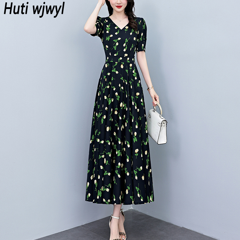 French Vintage Floral Midi Dress - Sommer Kurzarm Bodycon Lange Kleider Damen