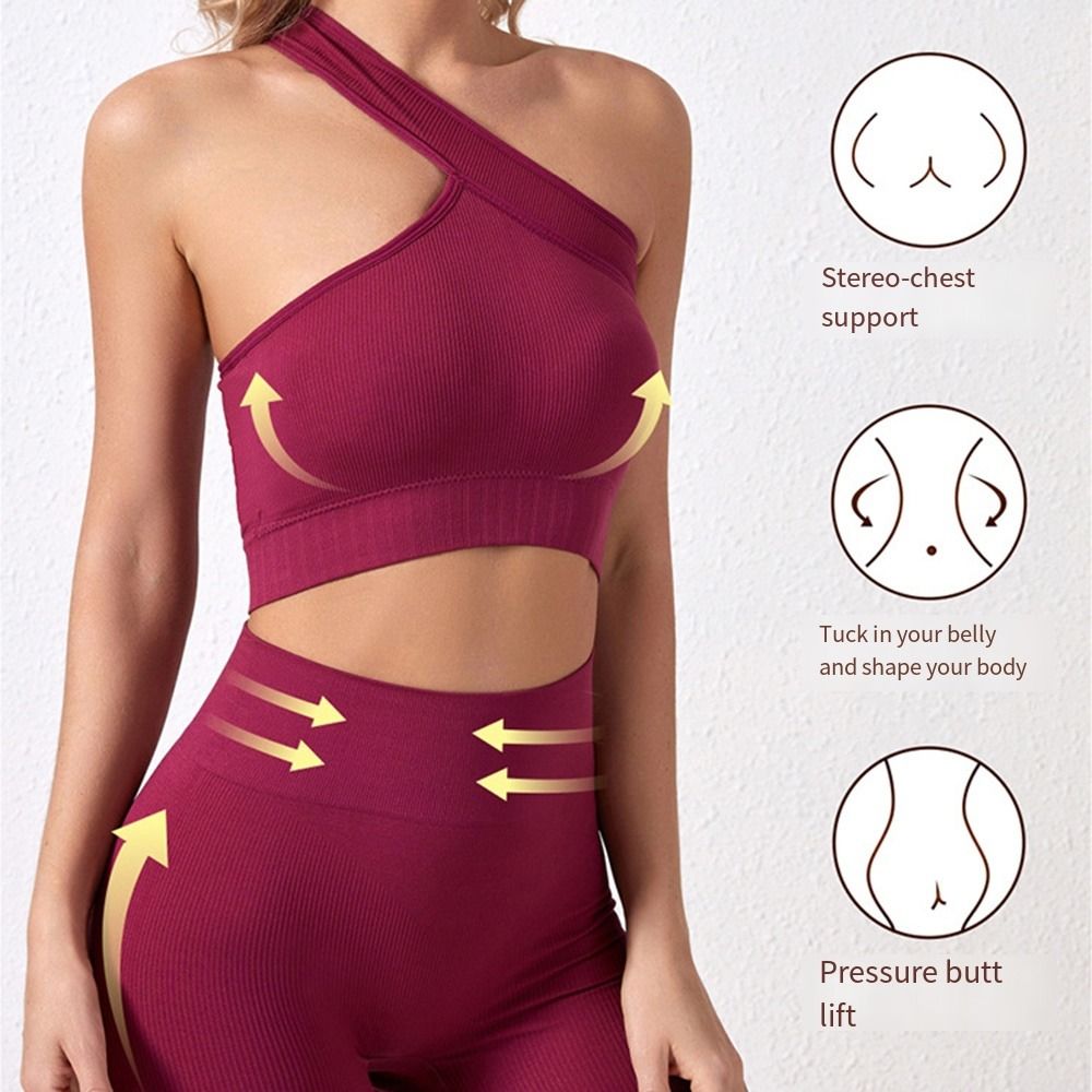 Seamless Ribbed Workout Tank Top - 2-teiliges Komfortables Nahtloses Damen-Workout-Set: Geripptes One-Shoulder-Activewear-Tanktop