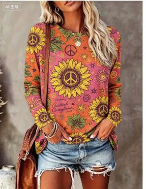 Blouses - Damen Langarm-T-Shirt mit Hippie-Gänseblümchen-, Schmetterlings- und