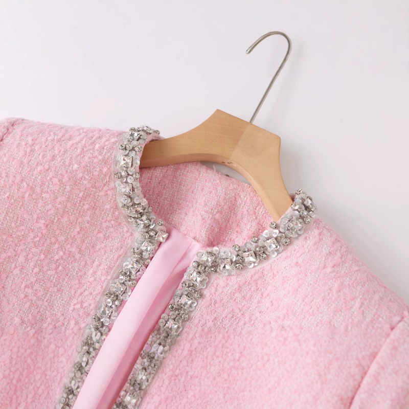 Tweed Two Piece Blazer Dress - Premium Rosa Tweed Damen Zweiteiler, Perlenbesetzter