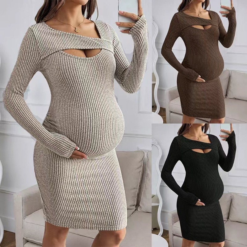 Bodycon Long Sleeve Ribbed Dress - Umstandskleidung Langärmeliges Geripptes Kleid für Schwangere