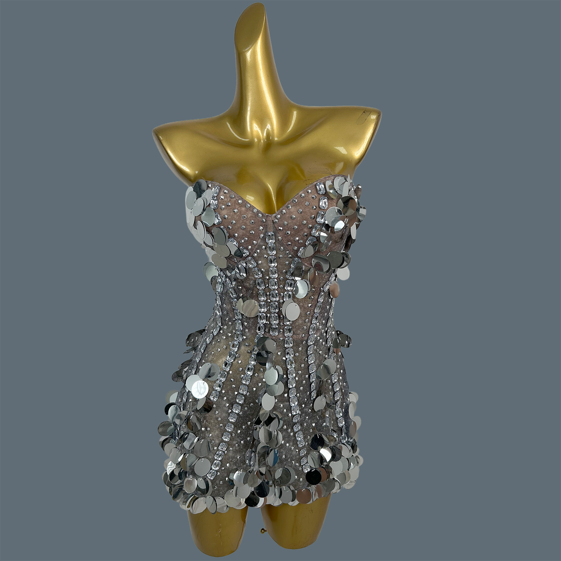 Sparkly Rhinestone Club Party Dress - Damen Trägerloses Funkelndes Strass-Pailletten-Minikleid, Netz-Bodysuit-Cocktailkleid, Club-Outfit