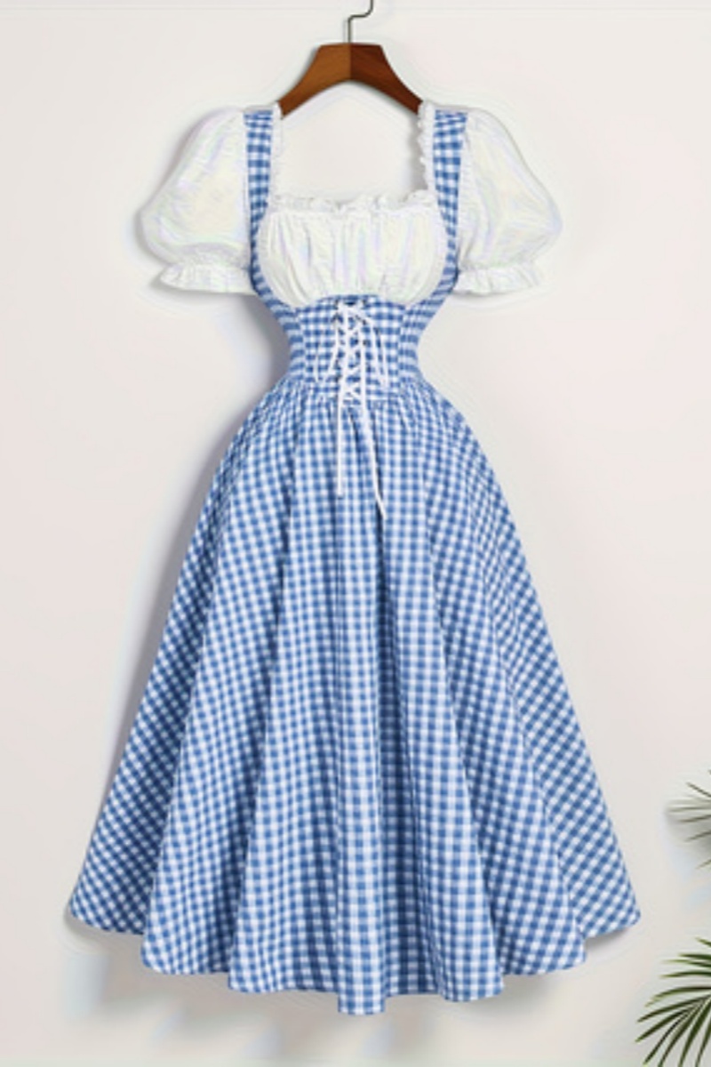 French Vintage Floral Midi Dress - Modisches Damenkleid mit blauem und weißem
