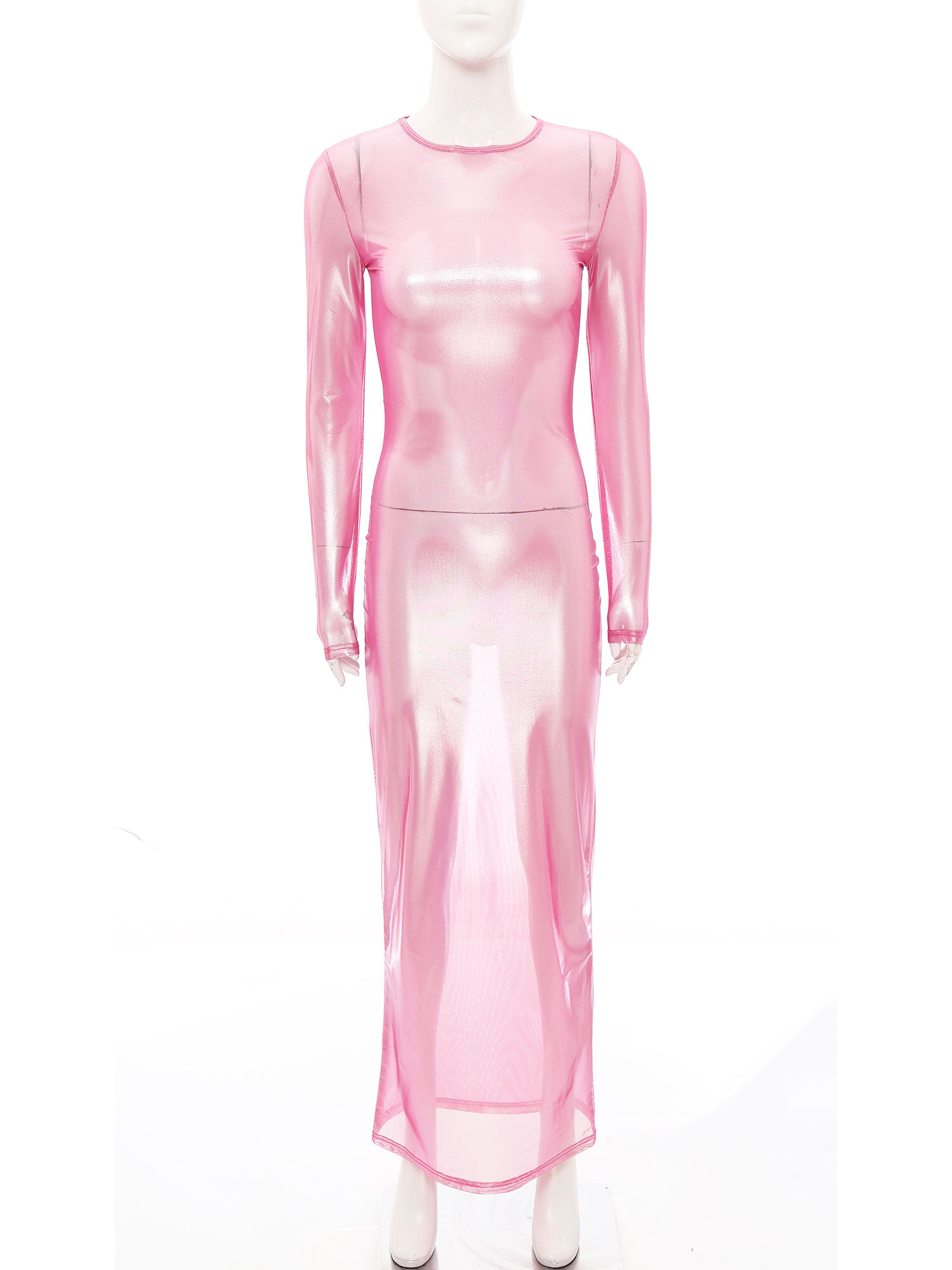 Sexy Mesh Sheer Bodycon Dress - Damen-Kleid, glänzend, metallisch, durchsichtig, langärmelig, figurbetontes