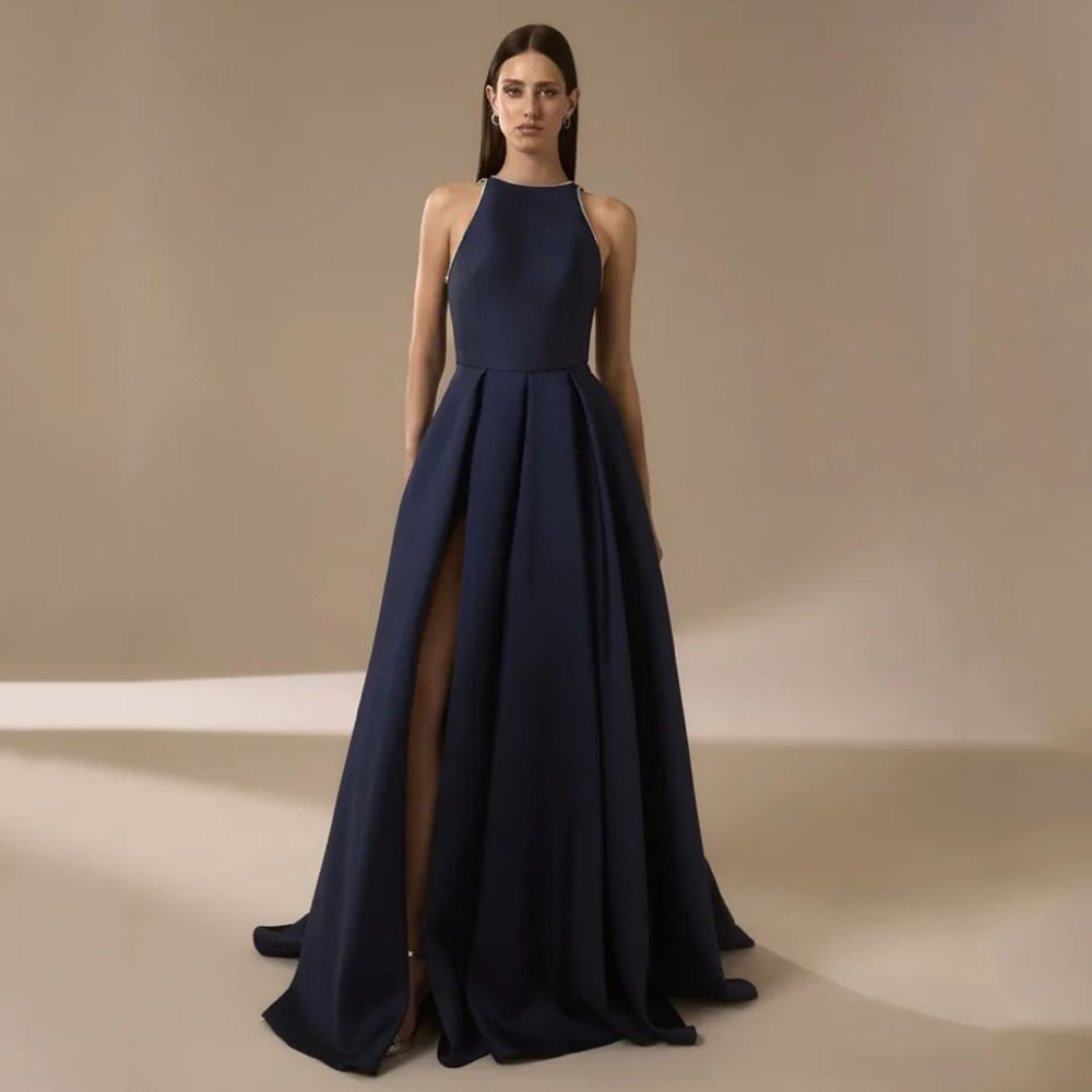 Elegant Satin Evening Gown Split - Marineblaue Satin-Abendkleider für Frauen 2025, mit