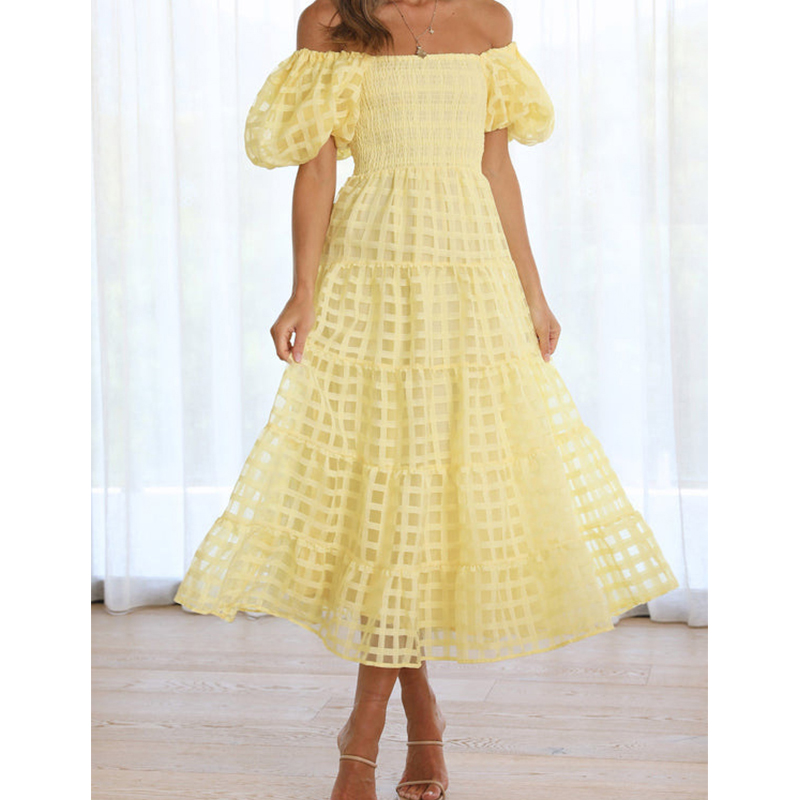 Off Shoulder Puff Sleeve Sundress - Elegantes schulterfreies Damen-Sommer-langes Kleid, sexy elastisch,