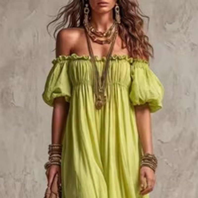 Damen Elastische Taille Lässig – Off Shoulder Puff Sleeve Sundress Bewertung und Preis