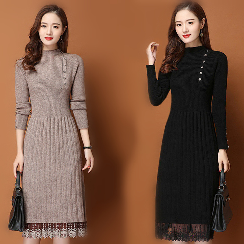 Spitze Saum Knöpfe Frauen Herb – Bodycon Long Sleeve Ribbed Dress Bewertung und Preis