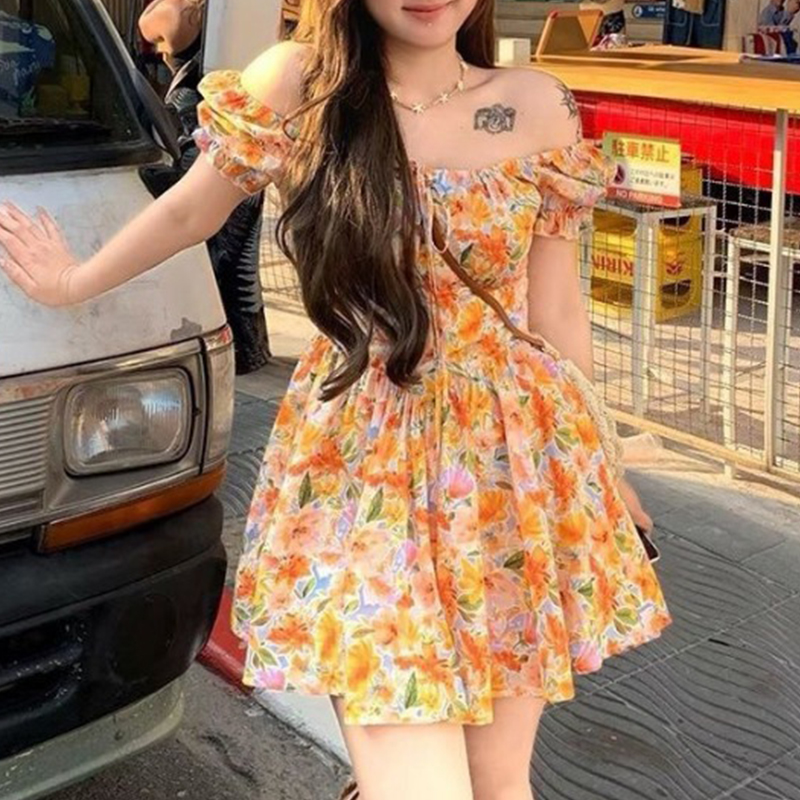 Bestseller Orange Blumenmuster – Off Shoulder Puff Sleeve Sundress Bewertung und Preis